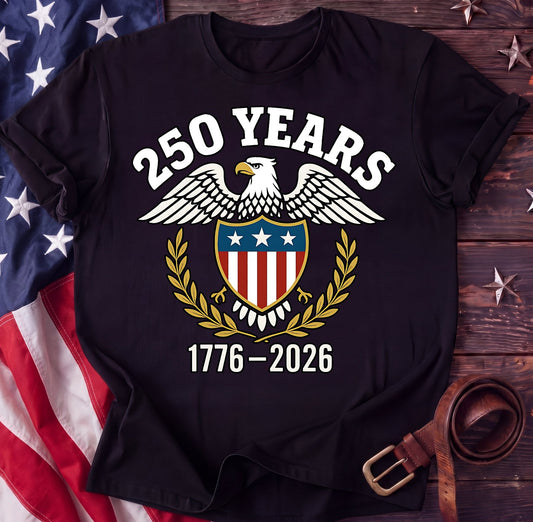 250 Years Crest — American Eagle & Shield Tee | 1776–2026 Heritage Shirt - TwoFiftyYears